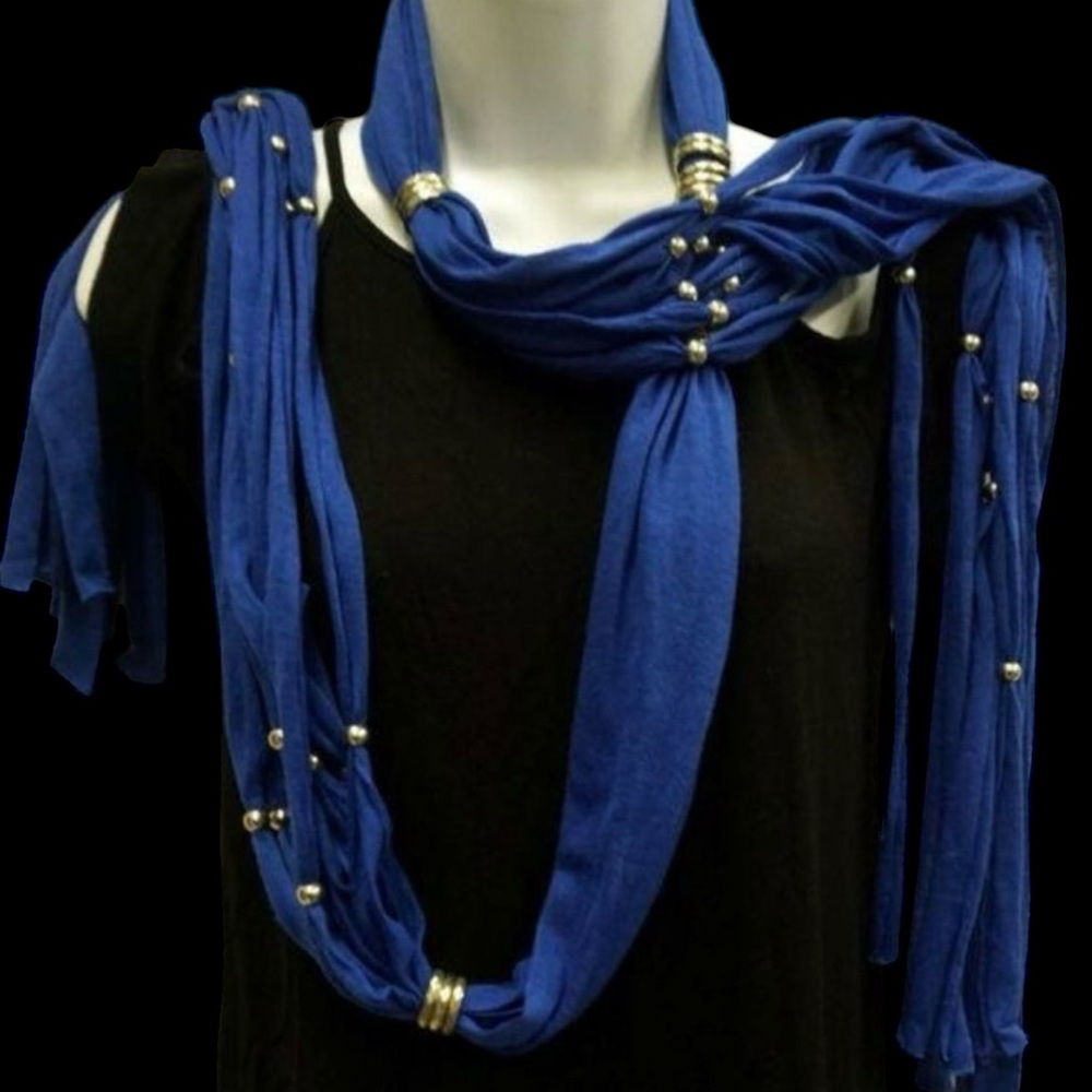 Blue Cotton 82" Scarf with Embellishments